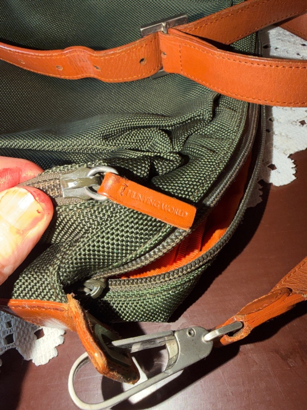 Olive Green Canvas Crossbody Bag with Orange Lining - Picture 9 of 9